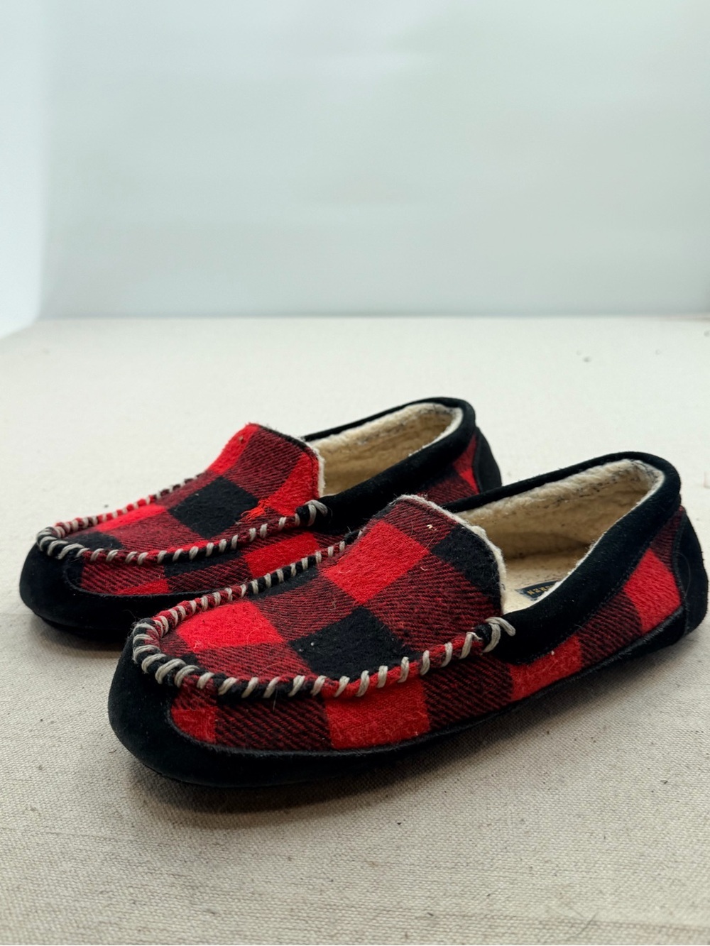 Polo Ralph Lauren Red Black Buffalo Plaid Moccasin Slippers